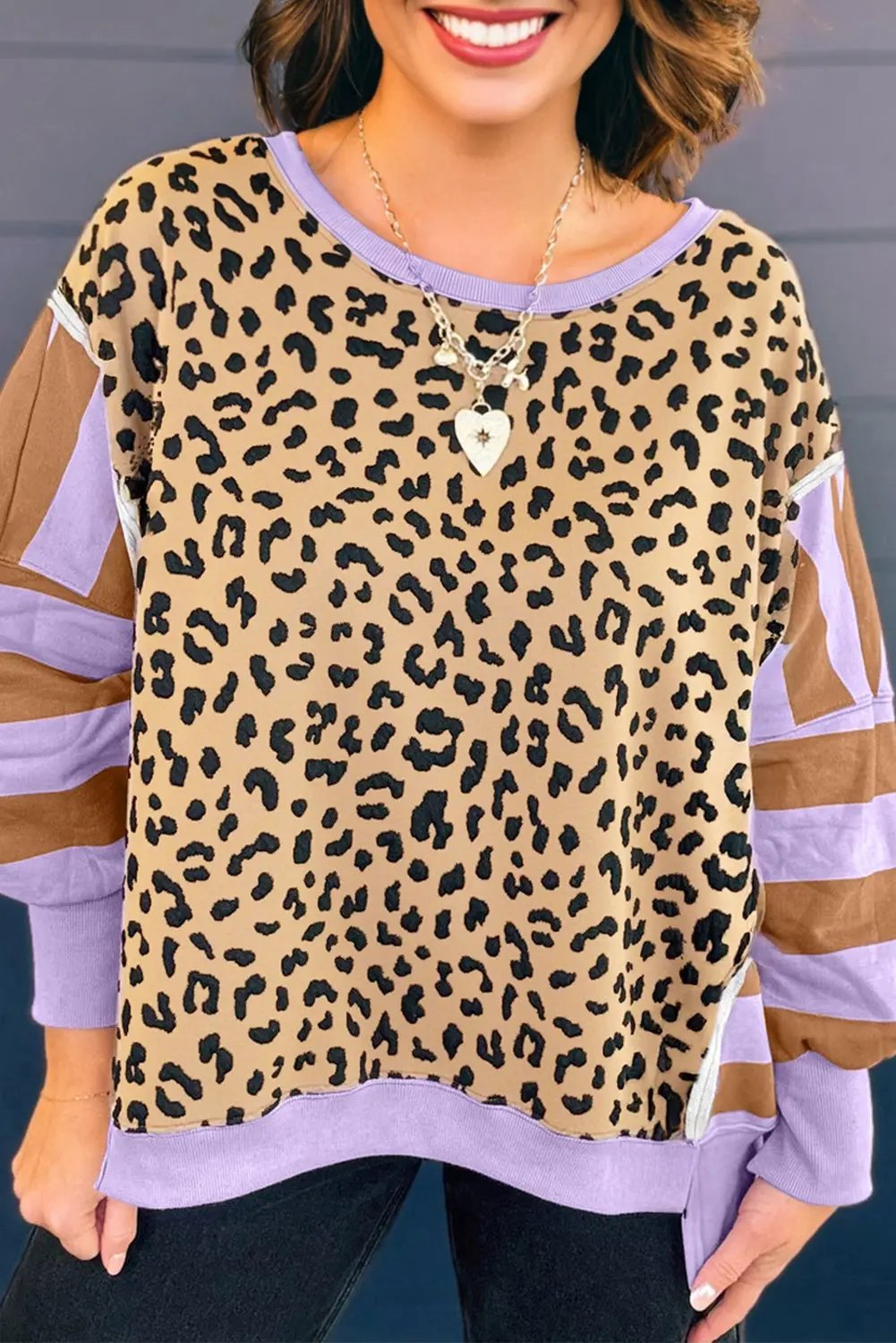Premium Purple Leopard Striped Patchwork Plus Size Loose Sweatshirt Dear-Lover Dropshipping