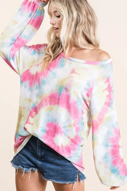 BiBi Tie Dye Print Terry Top With Puff Sleeves - Love Salve