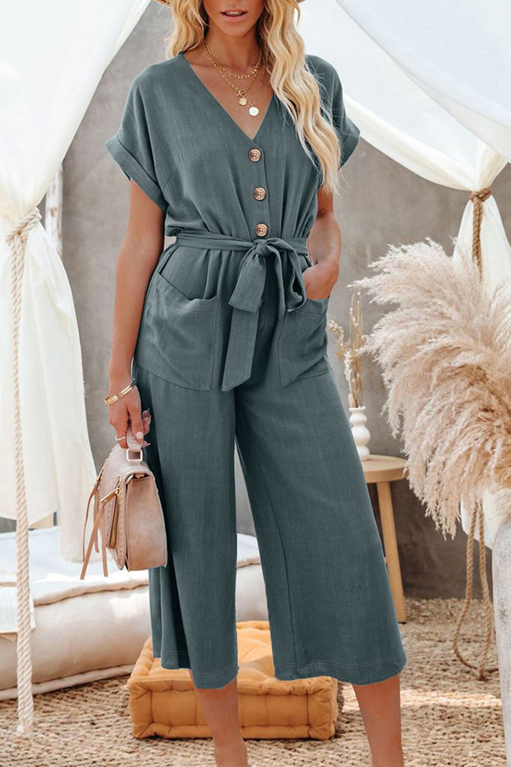 Blue Dolman Button Belted V Neck Wide Leg Jumpsuit