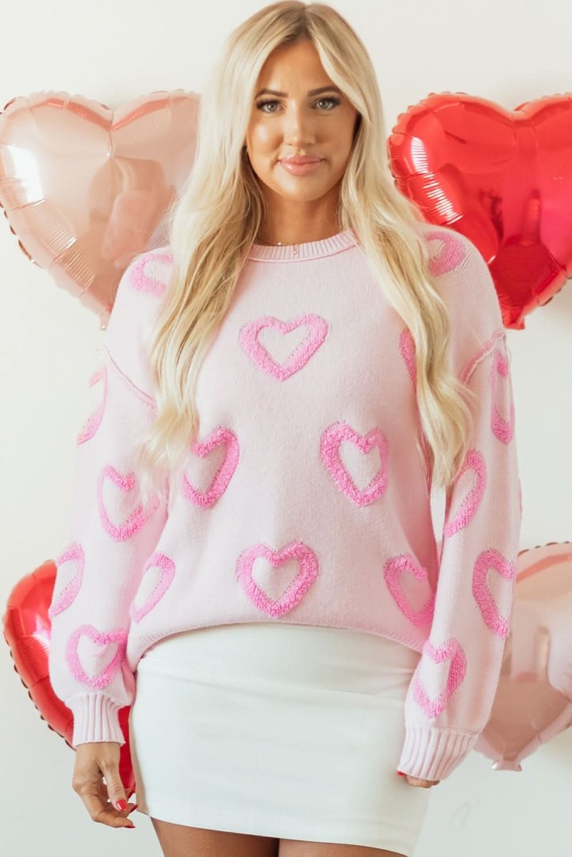 Charming Pink Heart Bubble Sleeve Oversized Sweater - Love Salve