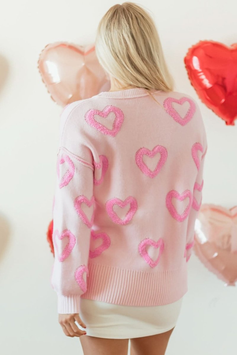 Charming Pink Heart Bubble Sleeve Oversized Sweater - Love Salve
