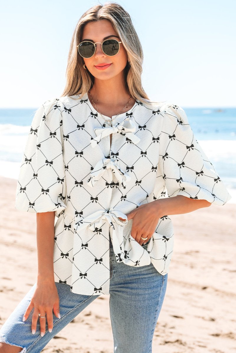 Charming White Bowknot Print Bubble Sleeve Blouse with Front Knots - Love Salve