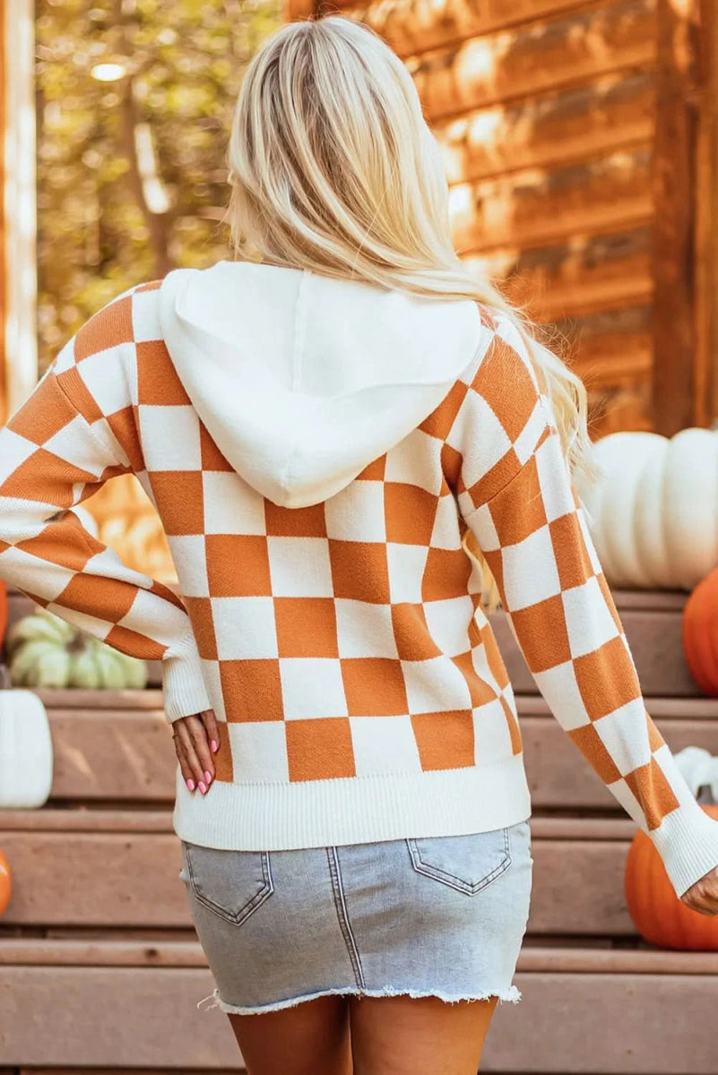 Checkered Long Sleeve Hooded Sweater - Love Salve
