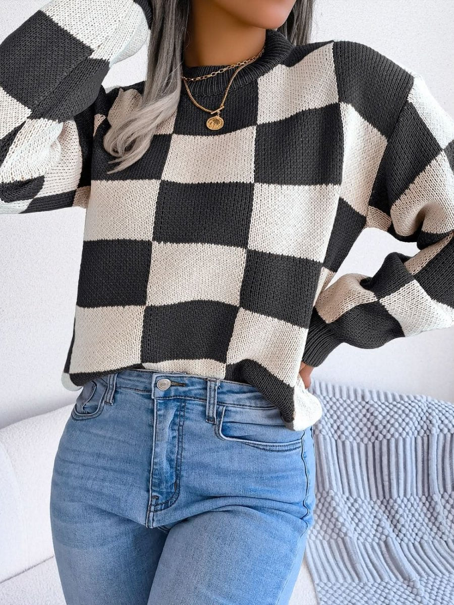 Checkered Mock Neck Long Sleeve Sweater - Love Salve