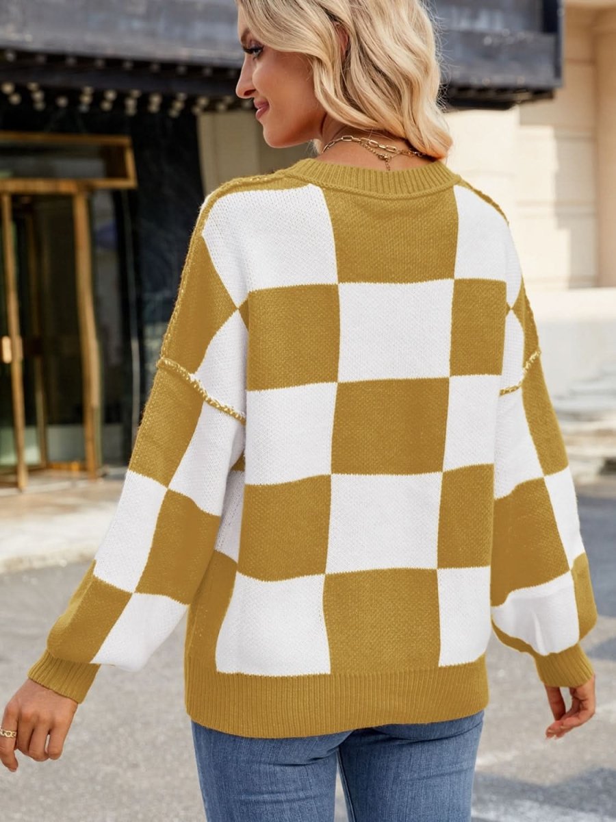 Checkered Round Neck Long Sleeve Sweater - Love Salve