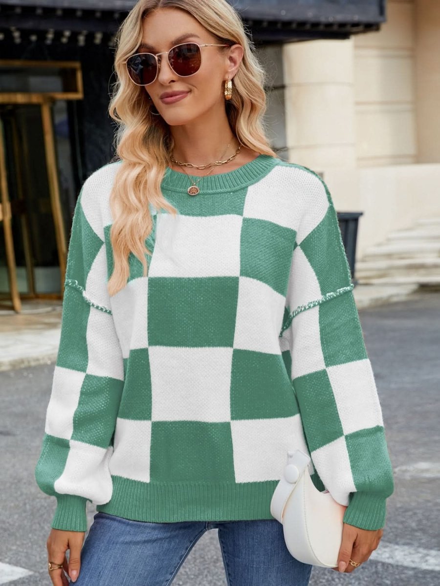 Checkered Round Neck Long Sleeve Sweater - Love Salve