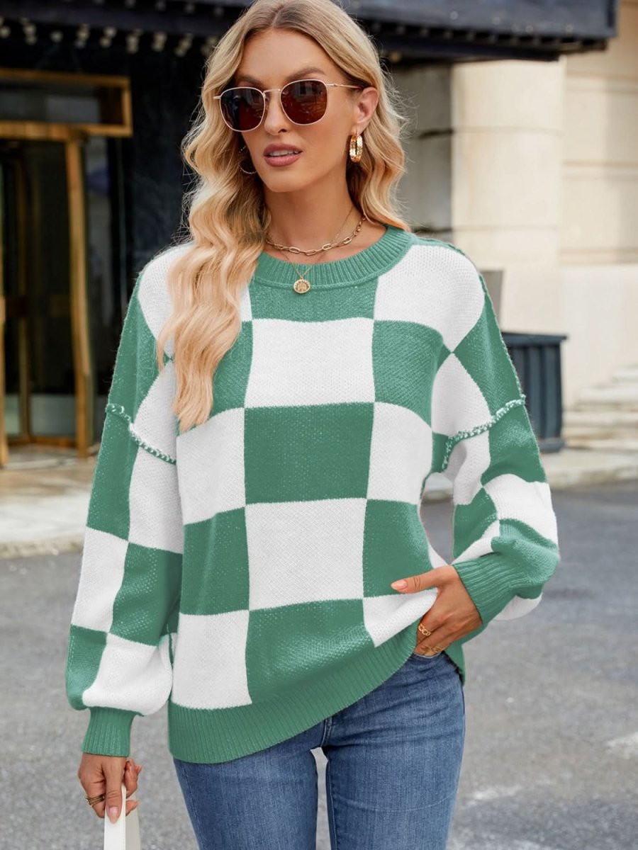 Checkered Round Neck Long Sleeve Sweater - Love Salve