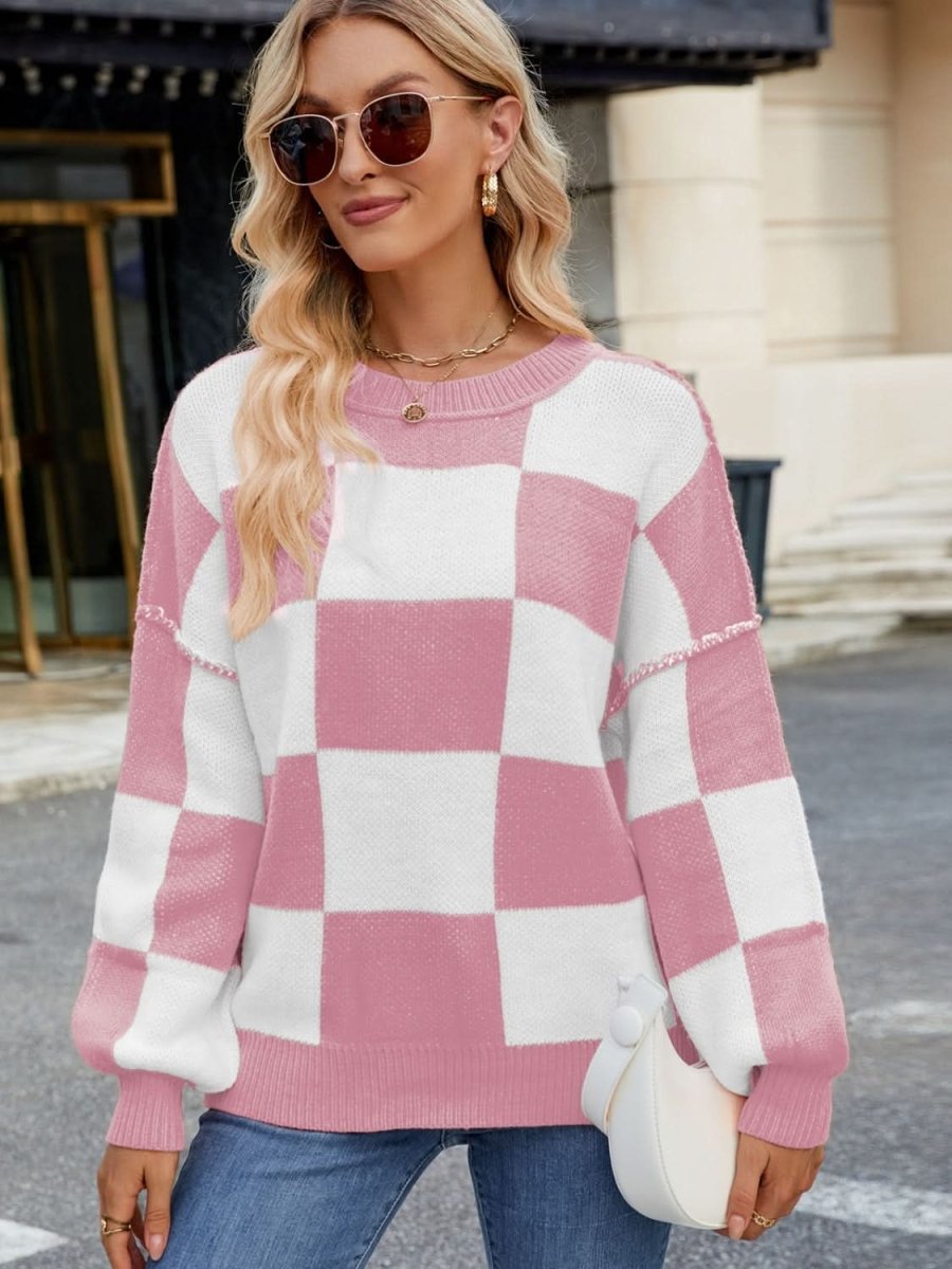 Checkered Round Neck Long Sleeve Sweater - Love Salve