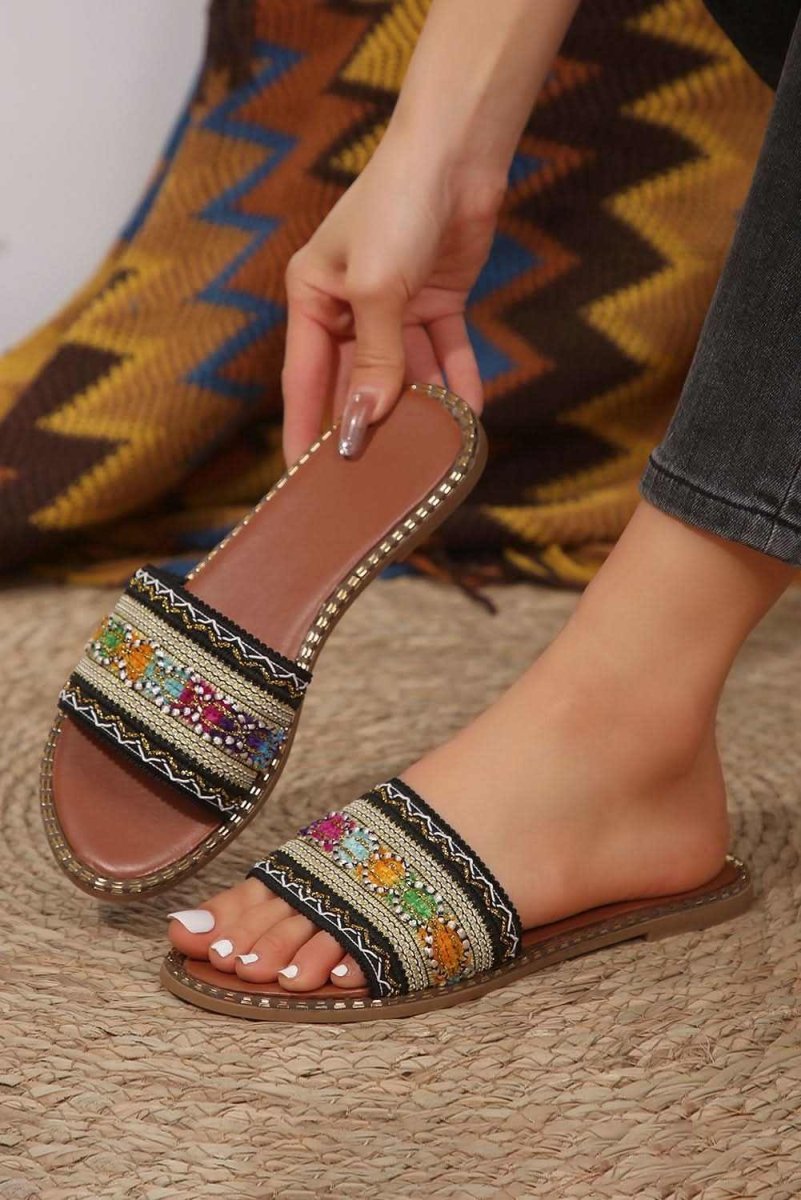 Chestnut Bohemian Pattern Crochet Faux Leather Beach Slippers - Love Salve