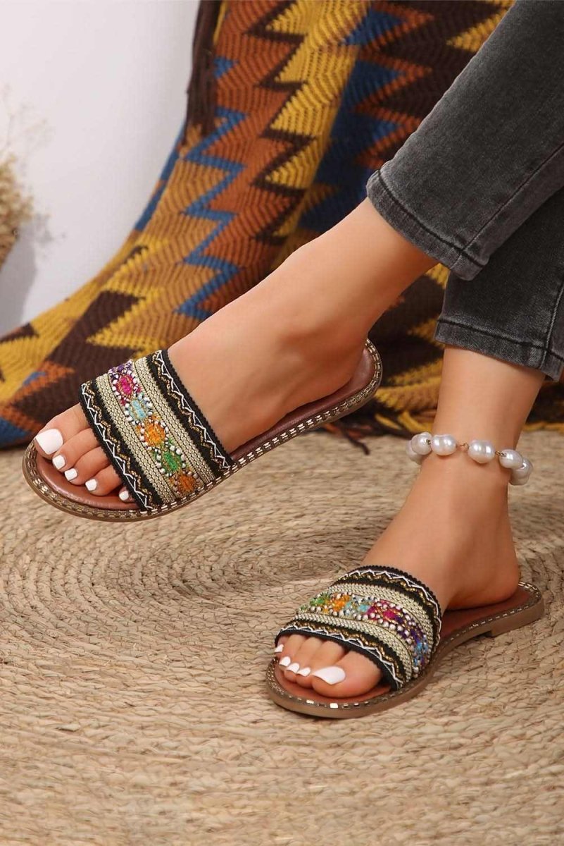 Chestnut Bohemian Pattern Crochet Faux Leather Beach Slippers - Love Salve