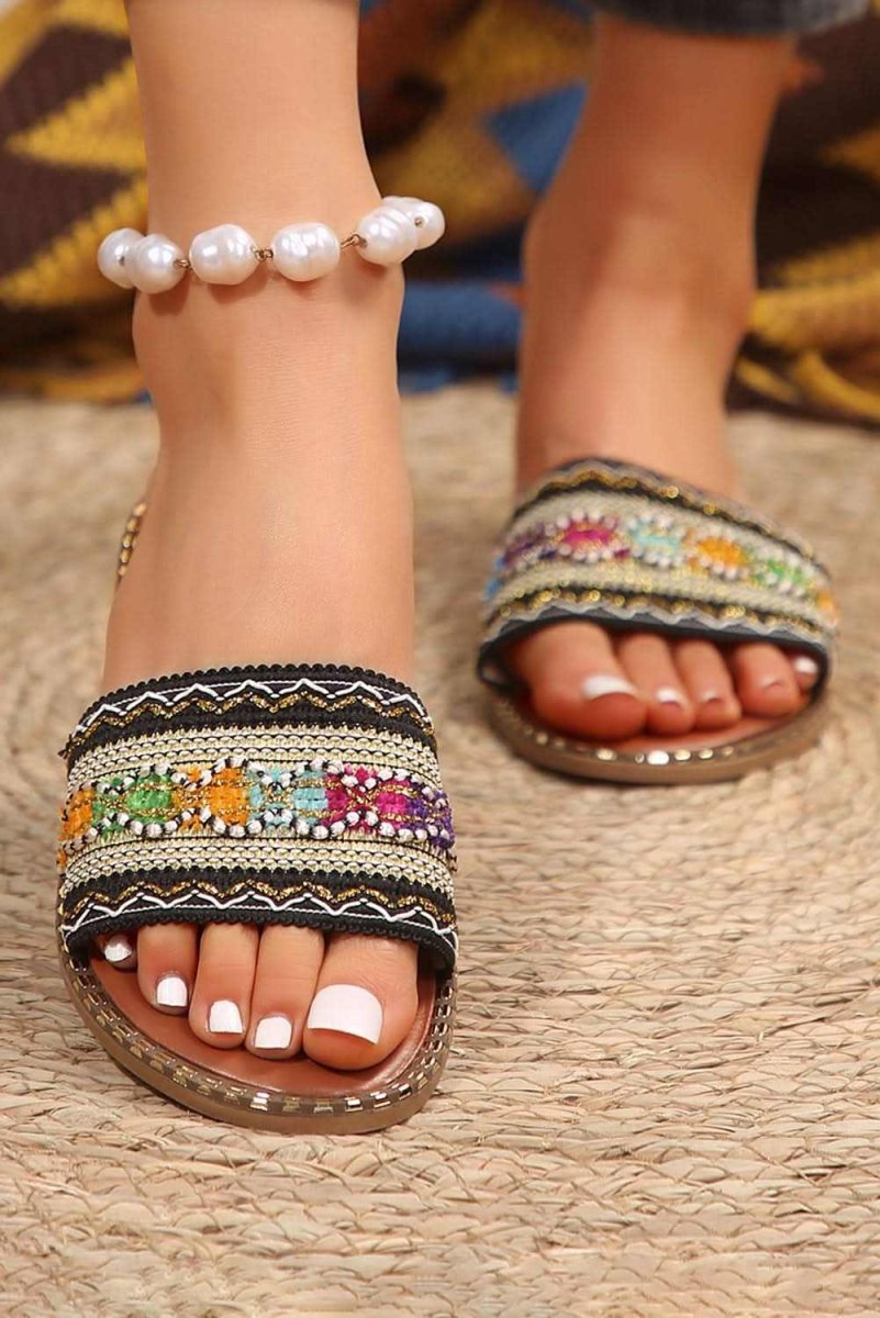 Chestnut Bohemian Pattern Crochet Faux Leather Beach Slippers - Love Salve