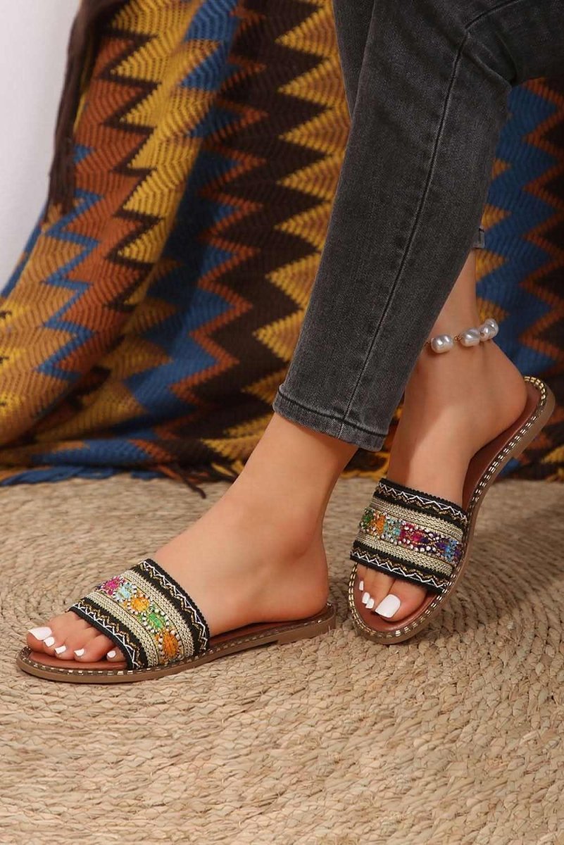 Chestnut Bohemian Pattern Crochet Faux Leather Beach Slippers - Love Salve