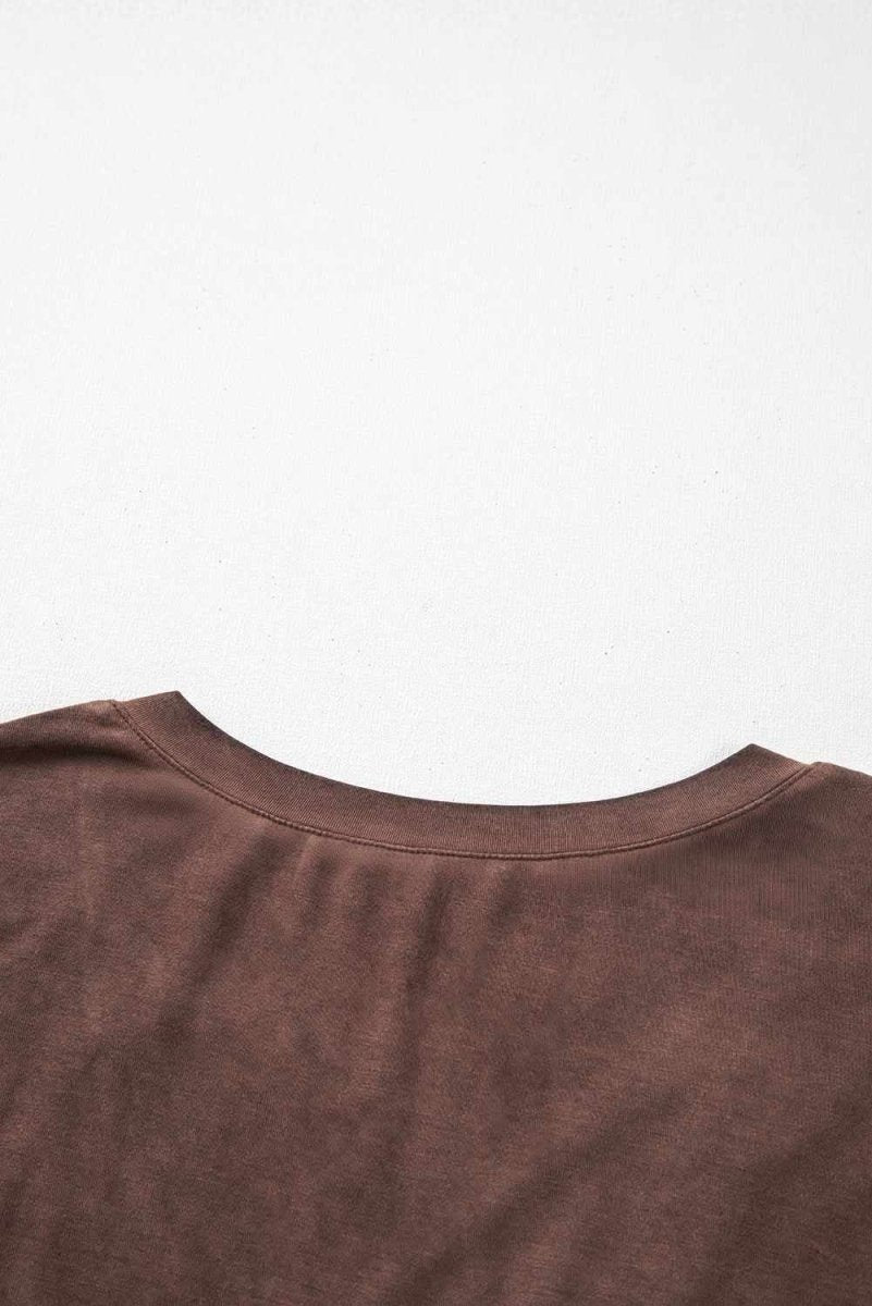 Chestnut Criss Cross V Neck Casual Tee with Unique Mineral Wash - Love Salve