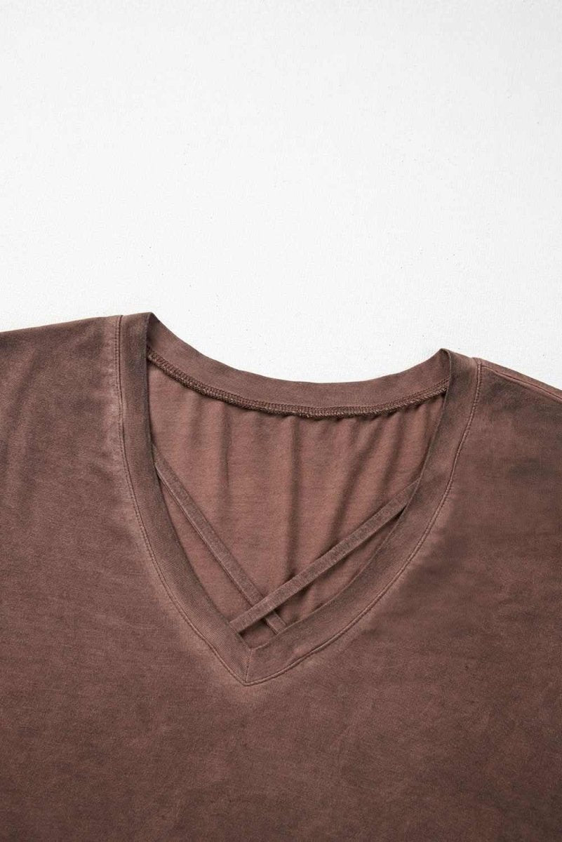 Chestnut Criss Cross V Neck Casual Tee with Unique Mineral Wash - Love Salve