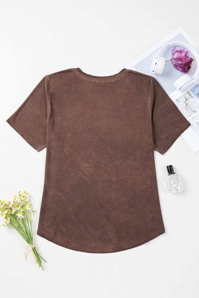 Chestnut Criss Cross V Neck Casual Tee with Unique Mineral Wash - Love Salve