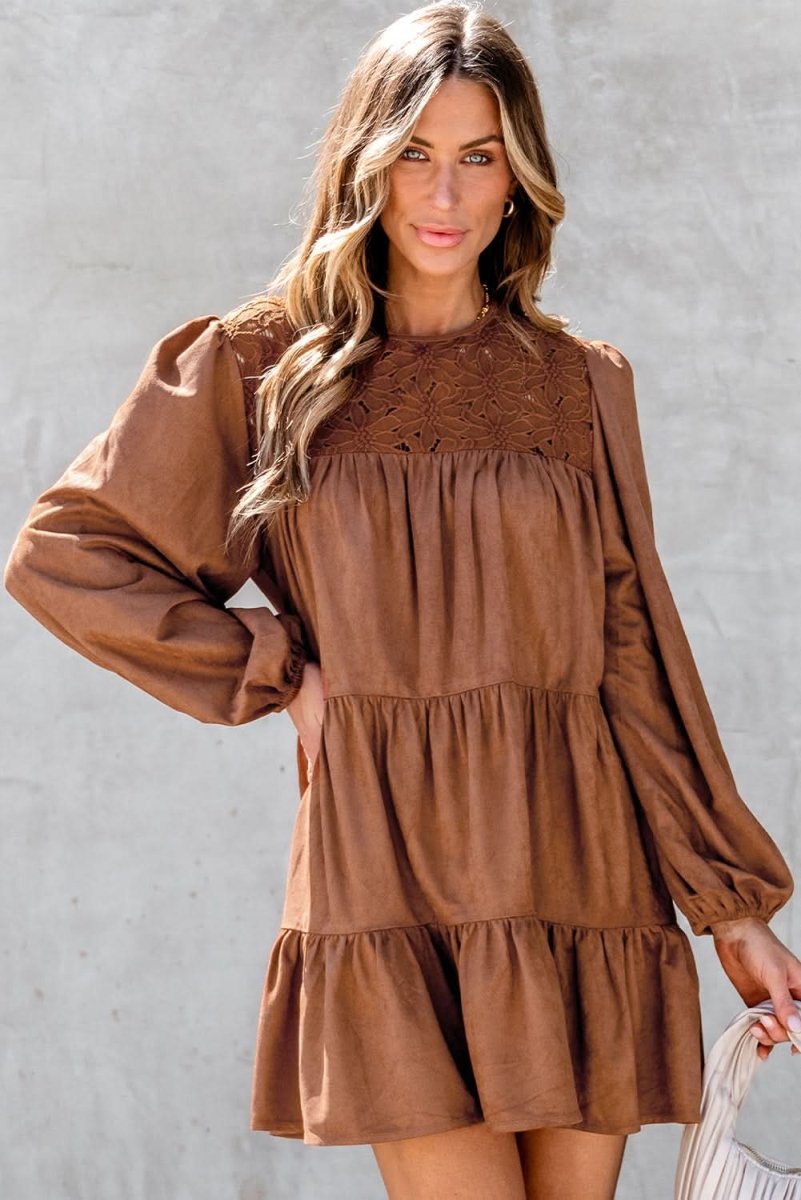 Chestnut Floral Lace Crochet Tiered Ruffled Mini Dress - Love Salve