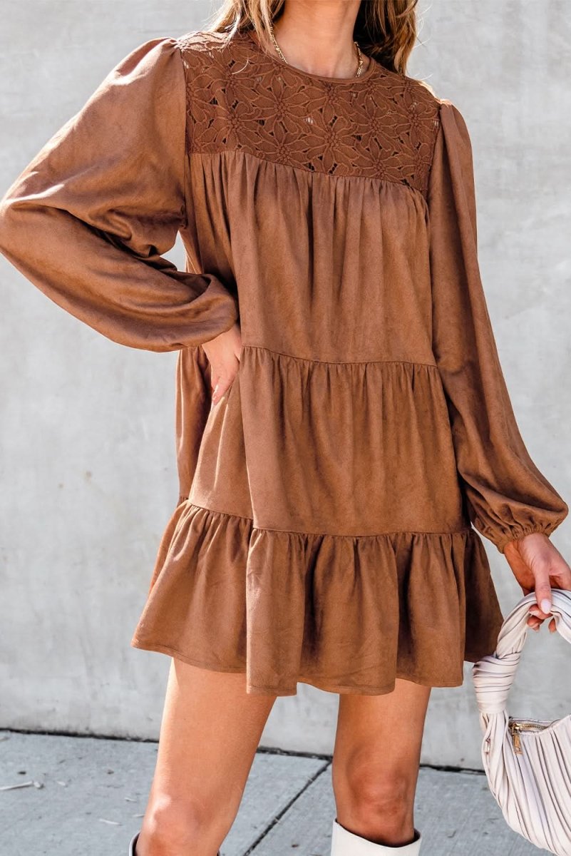 Chestnut Floral Lace Crochet Tiered Ruffled Mini Dress - Love Salve