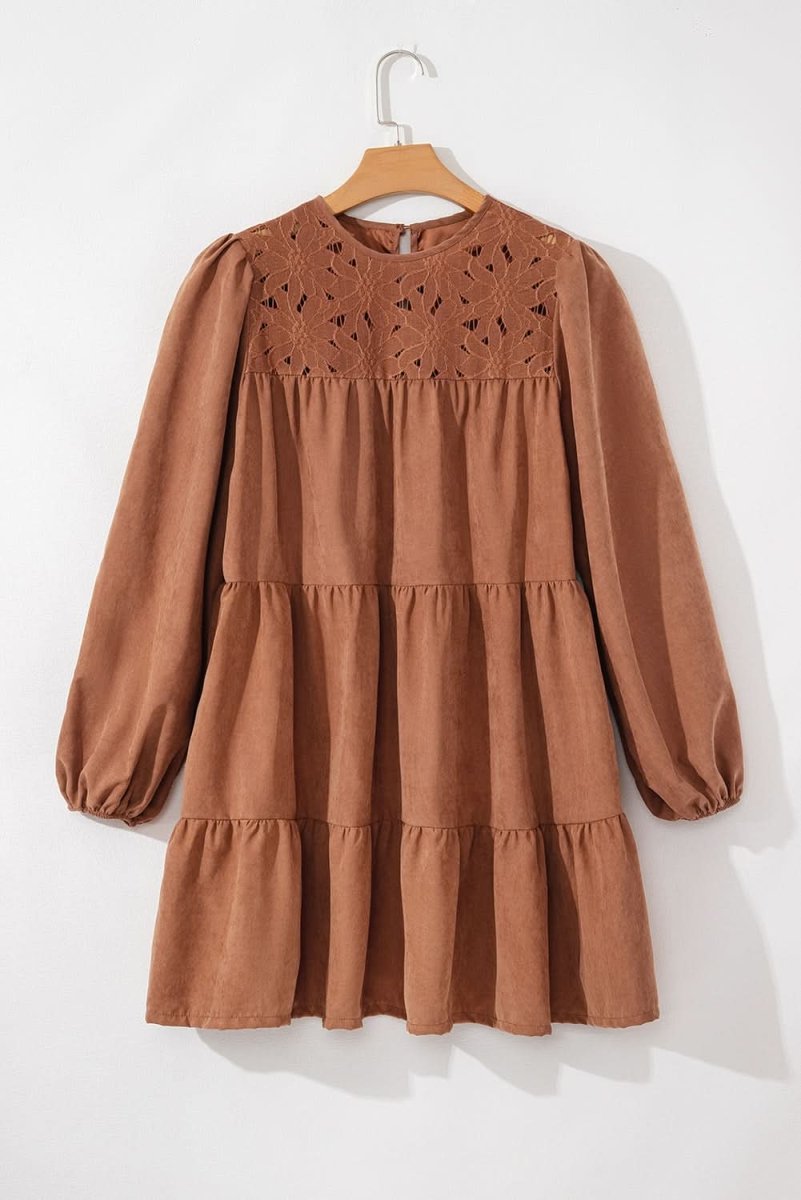 Chestnut Floral Lace Crochet Tiered Ruffled Mini Dress - Love Salve
