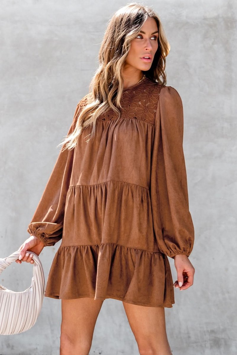 Chestnut Floral Lace Crochet Tiered Ruffled Mini Dress - Love Salve