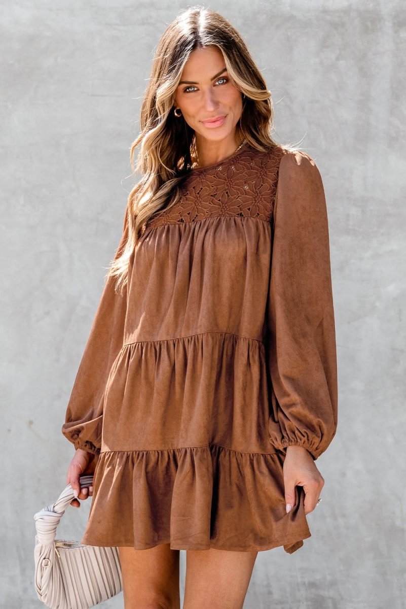 Chestnut Floral Lace Crochet Tiered Ruffled Mini Dress - Love Salve