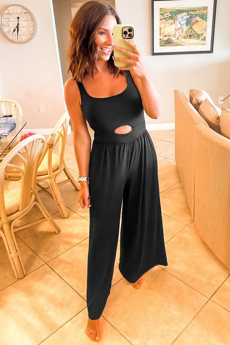 Chic Black Peekaboo Wide Leg Jumpsuit with Square Neck and Sleeveless Design - Love Salve
