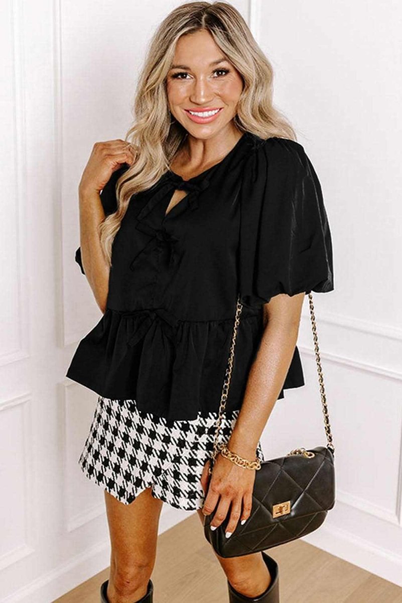 Chic Black Peplum Blouse with Puff Sleeves and Bowknot Detail - Love Salve