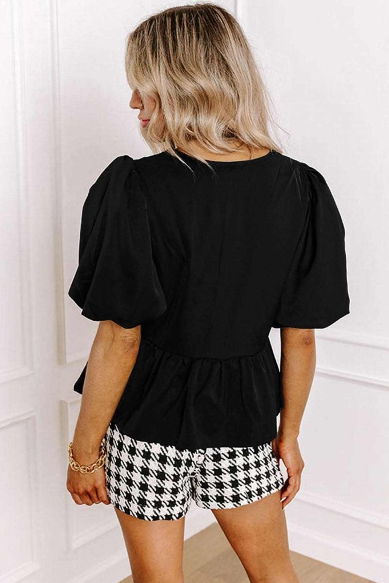 Chic Black Peplum Blouse with Puff Sleeves and Bowknot Detail - Love Salve