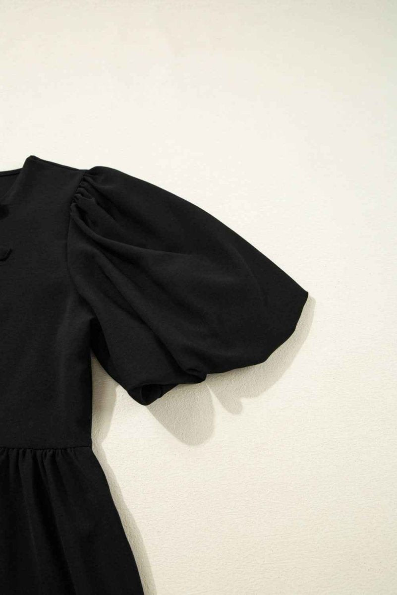 Chic Black Peplum Blouse with Puff Sleeves and Bowknot Detail - Love Salve