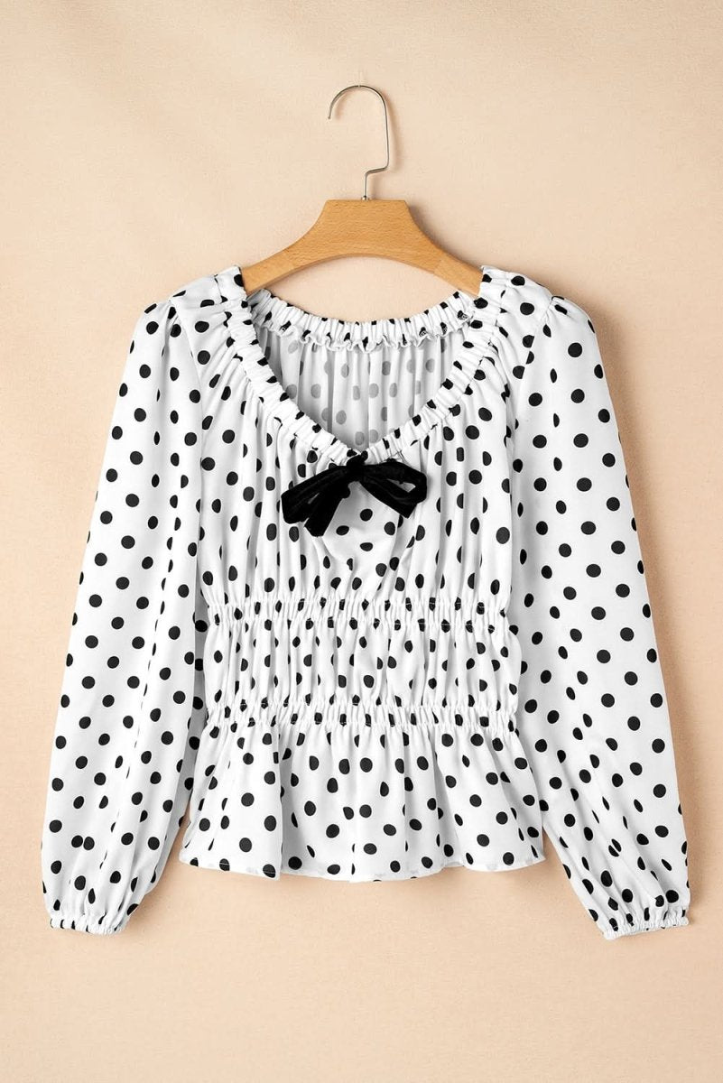 Chic Black Polka Dot Puff Sleeve Peplum Top with Bow Detail - Love Salve
