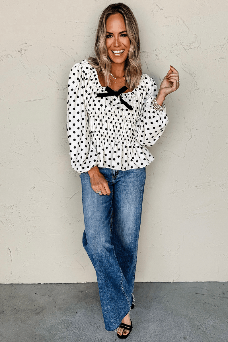 Chic Black Polka Dot Puff Sleeve Peplum Top with Bow Detail - Love Salve