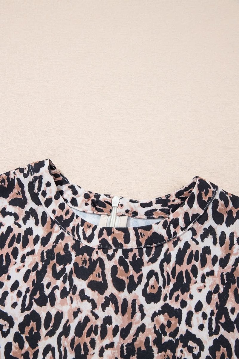 Chic Brown Leopard Print Shift Mini T-Shirt Dress with Crew Neck - Love Salve