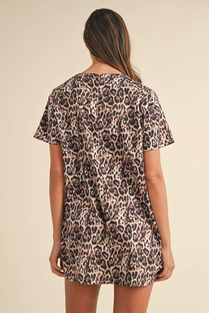 Chic Brown Leopard Print Shift Mini T-Shirt Dress with Crew Neck - Love Salve
