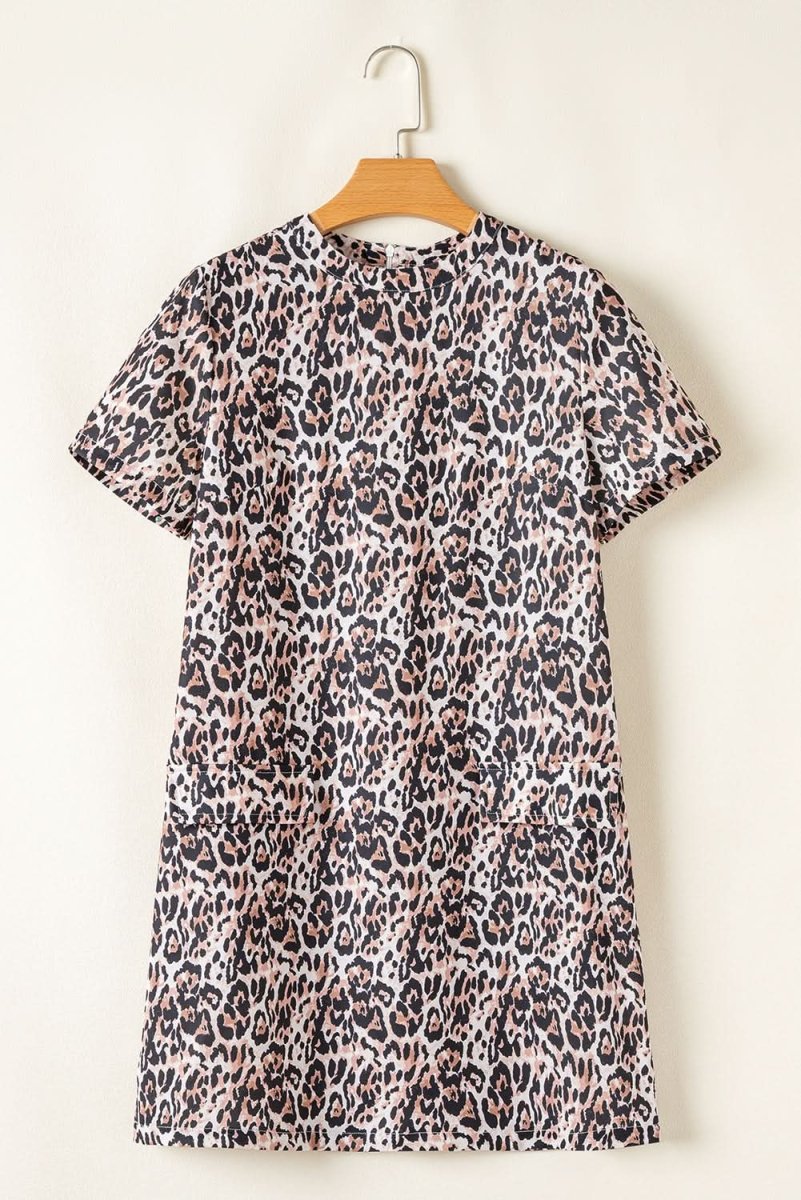Chic Brown Leopard Print Shift Mini T-Shirt Dress with Crew Neck - Love Salve