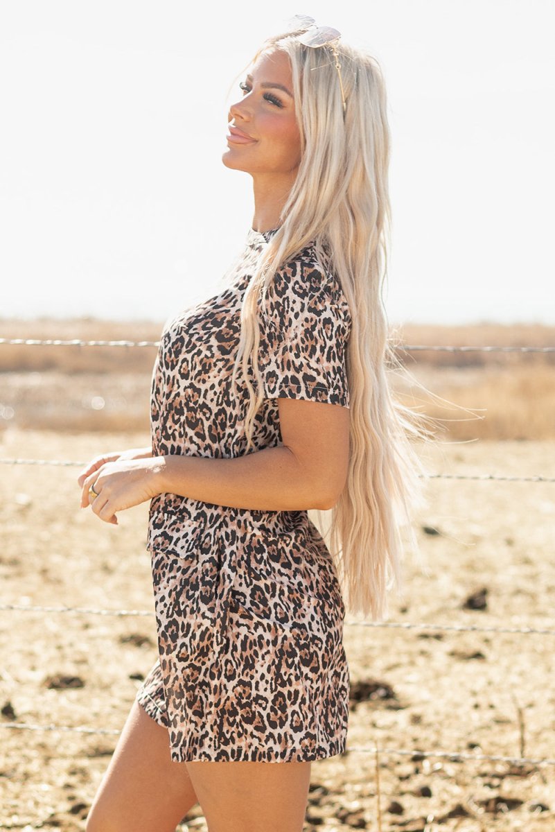 Chic Brown Leopard Print Shift Mini T-Shirt Dress with Crew Neck - Love Salve
