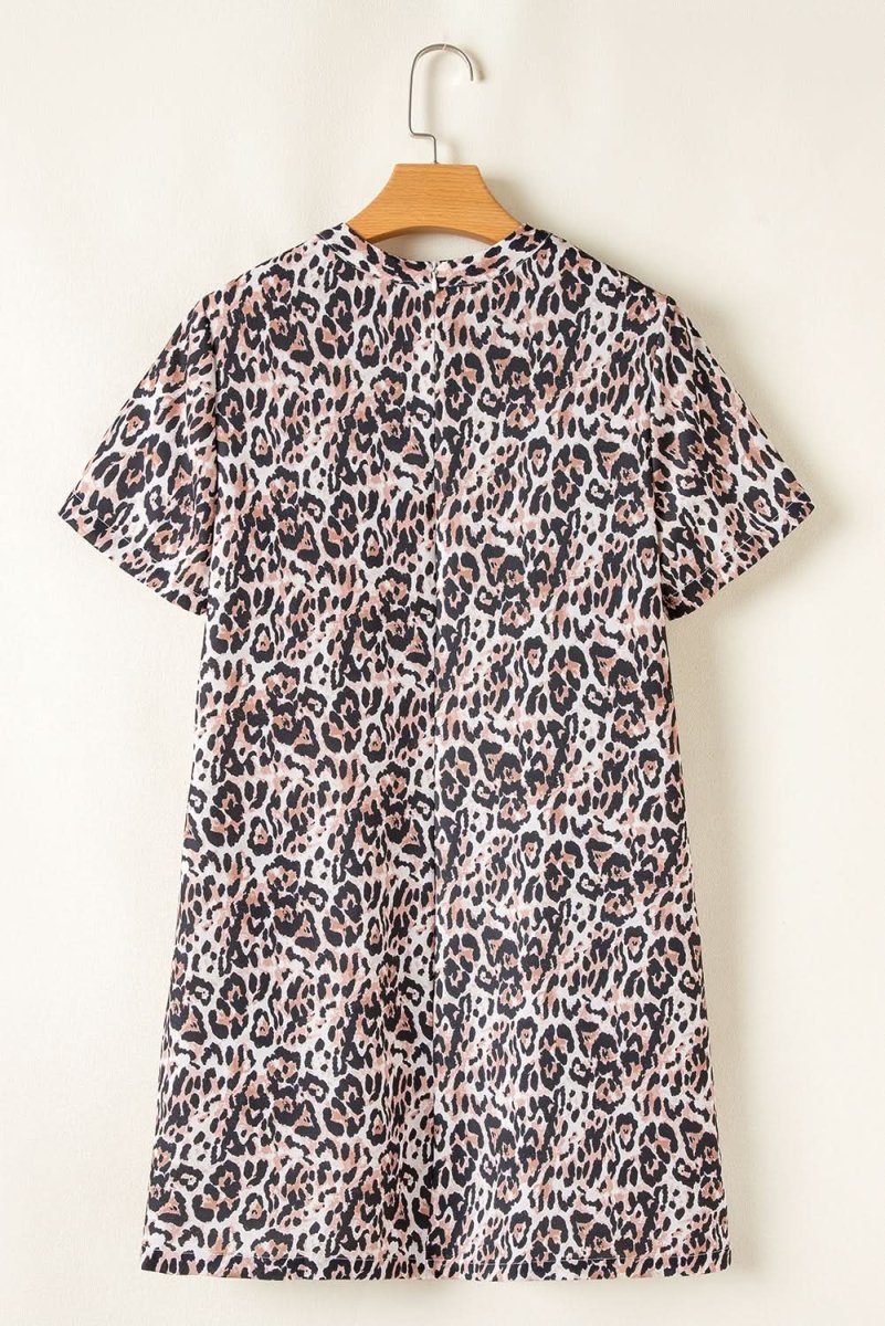 Chic Brown Leopard Print Shift Mini T-Shirt Dress with Crew Neck - Love Salve