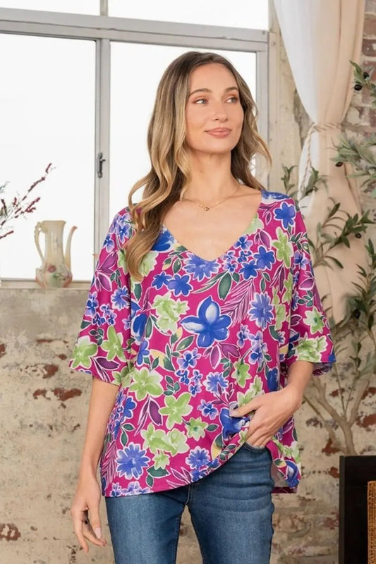 Chic Floral V-Neck Half Sleeve Top for Effortless Style - Love Salve