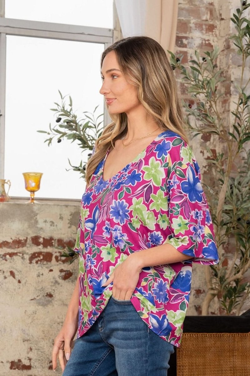 Chic Floral V-Neck Half Sleeve Top for Effortless Style - Love Salve