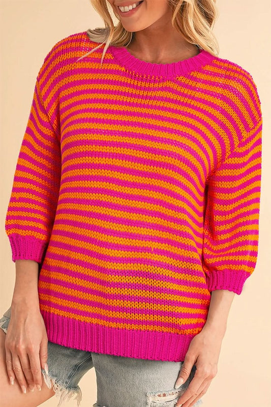 Chic Rose Striped 3/4 Puff Sleeve Drop Shoulder Knit Sweater - Love Salve