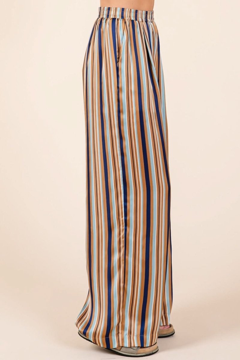 Chic Striped Satin Wide Leg Pants with Elastic Waist and Pockets - Love Salve