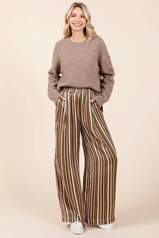 Chic Striped Satin Wide Leg Pants with Elastic Waist and Pockets - Love Salve