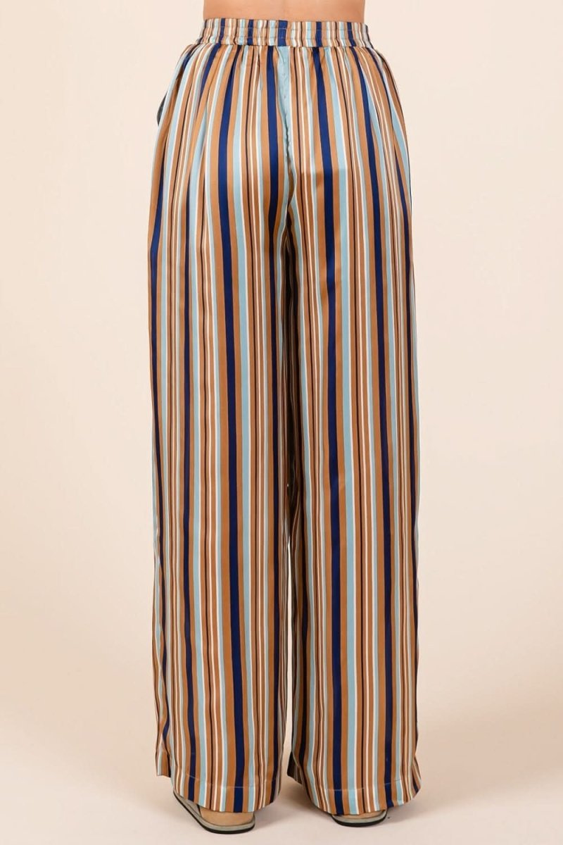Chic Striped Satin Wide Leg Pants with Elastic Waist and Pockets - Love Salve