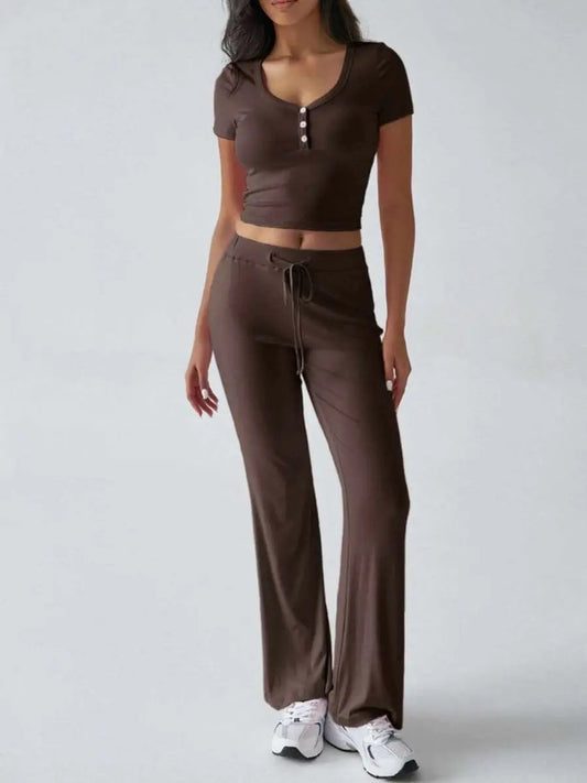 Chic Two-Piece Short Sleeve Top and Drawstring Pants Set - Love Salve