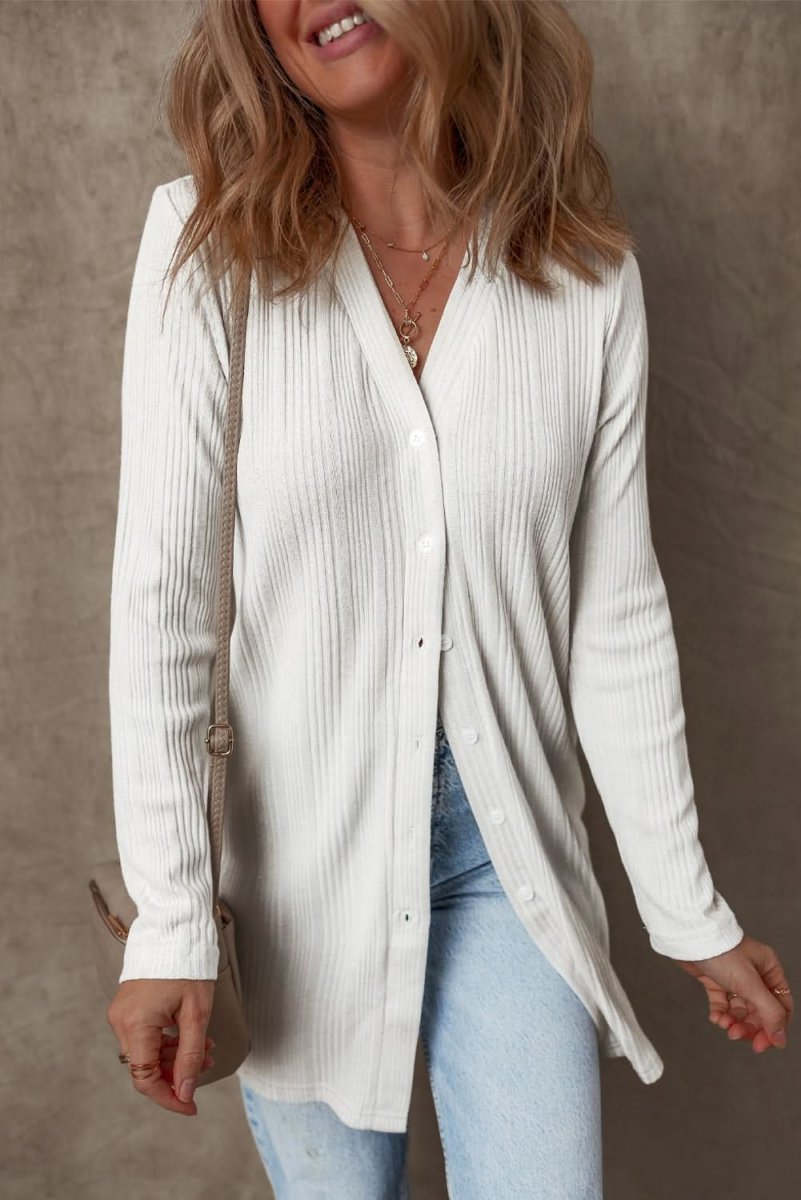 Chic White Ribbed Button-Up Long Sleeve Tunic Cardigan - Love Salve