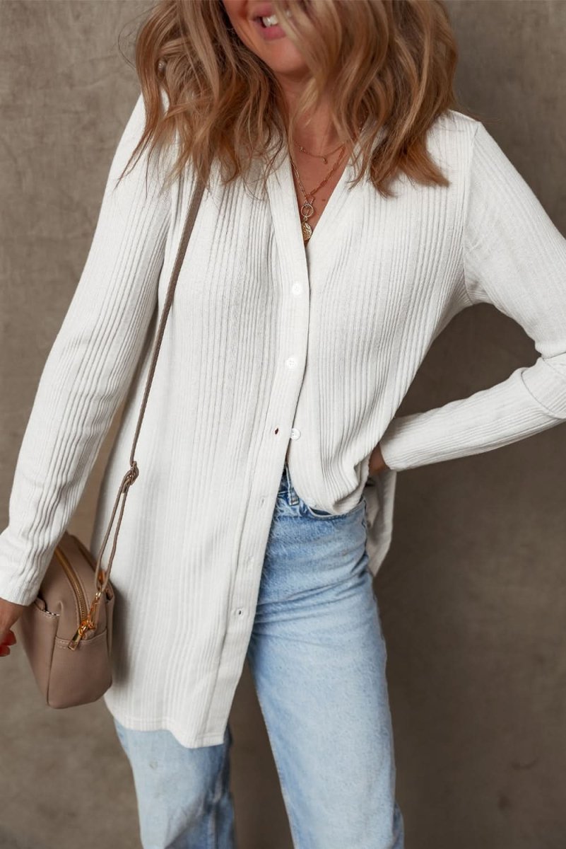 Chic White Ribbed Button-Up Long Sleeve Tunic Cardigan - Love Salve