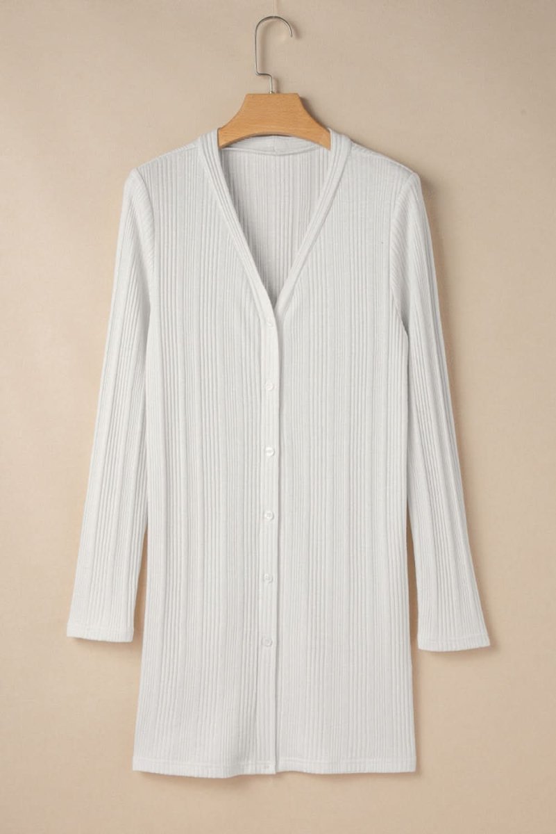 Chic White Ribbed Button-Up Long Sleeve Tunic Cardigan - Love Salve