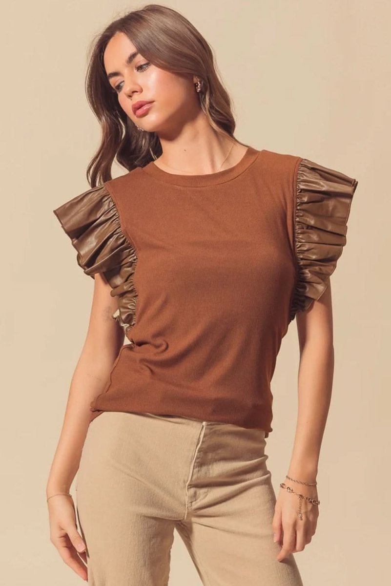 Cinnamon Ruffle Sleeve Faux Leather Round Neck Blouse - Love Salve