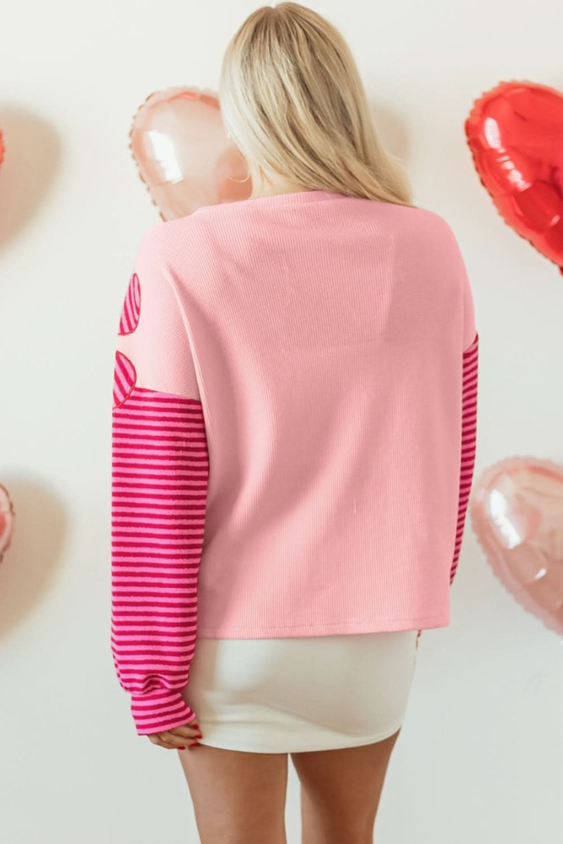 Color Block Pink Floral Textured Top with Striped Sleeves - Love Salve