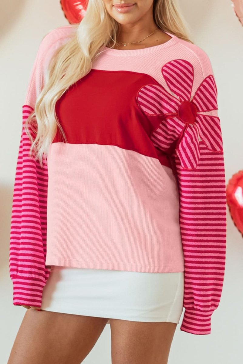 Color Block Pink Floral Textured Top with Striped Sleeves - Love Salve