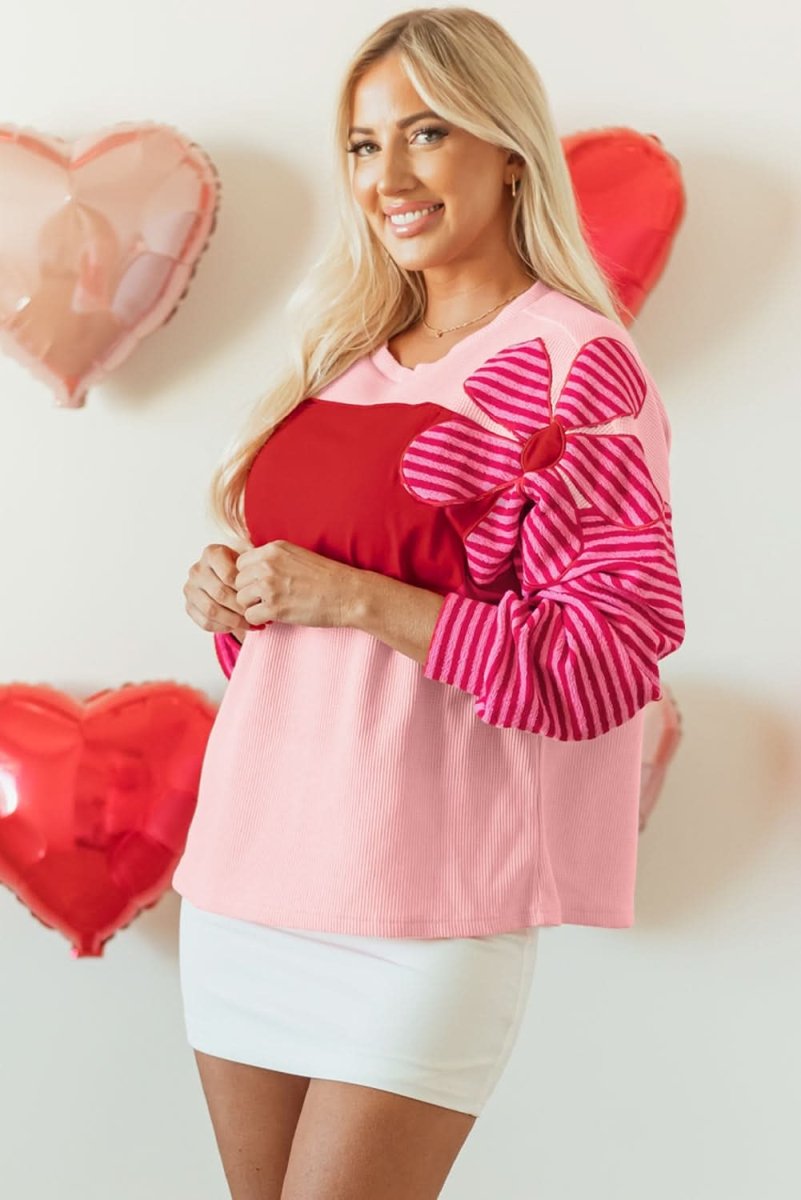 Color Block Pink Floral Textured Top with Striped Sleeves - Love Salve