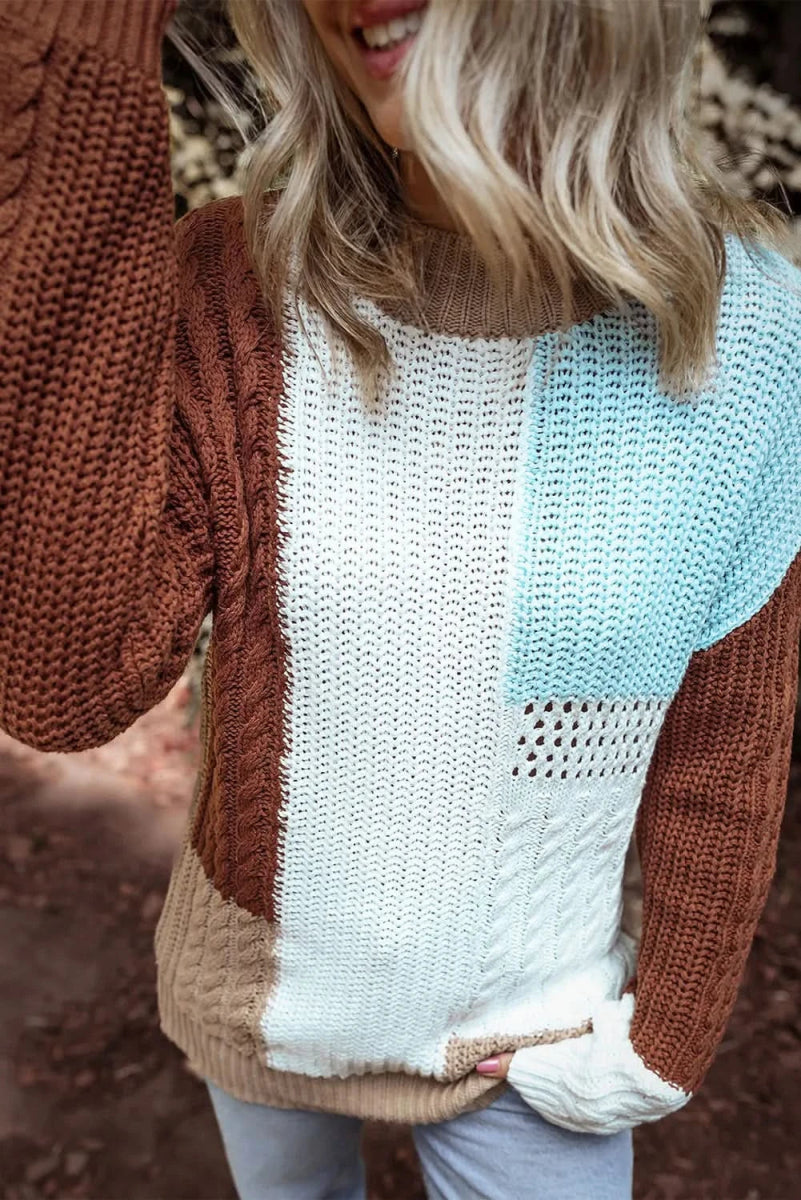 Color Block Round Neck Long Sleeve Sweater - Love Salve